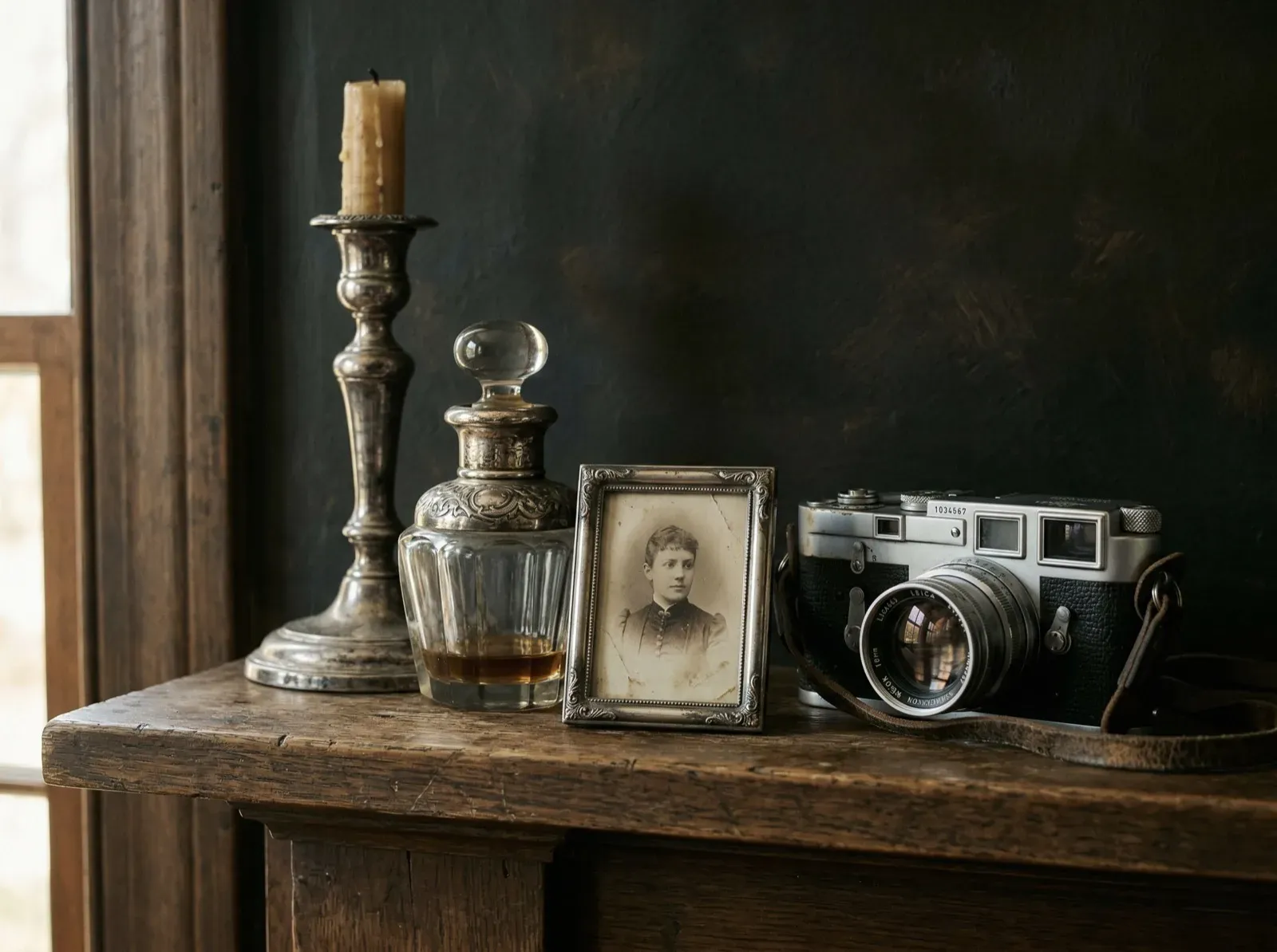 Vintage Leica camera alongside silver collectibles on a rustic surface